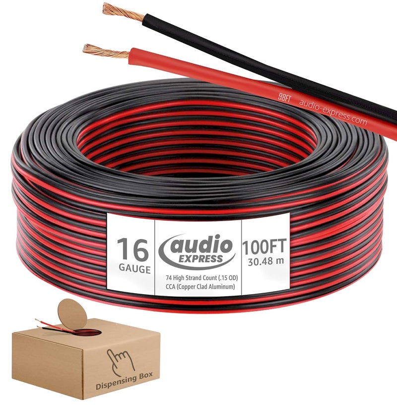 Audio Express 100ft 16-Gauge Audio Stereo Speaker Wire Cable,100 Feet,30.48 Meters,2 Conductor,Flexible Red-Black PVC, CCA, Dispensing Box,Home Theater, HiFi,Auto,Hook-Up,74 High Strand Count (.15 OD) - Image 1